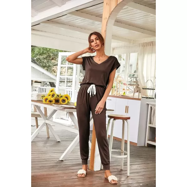 imagePRETTYGARDEN Womens Two Piece Tracksuit V Neck Short Sleeve Tops Long Pants With Drawstring Outfits Jogger SetsBrown