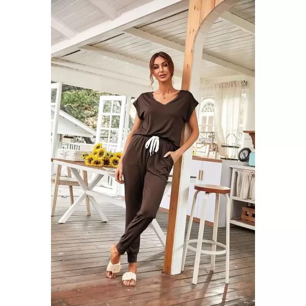 imagePRETTYGARDEN Womens Two Piece Tracksuit V Neck Short Sleeve Tops Long Pants With Drawstring Outfits Jogger SetsBrown