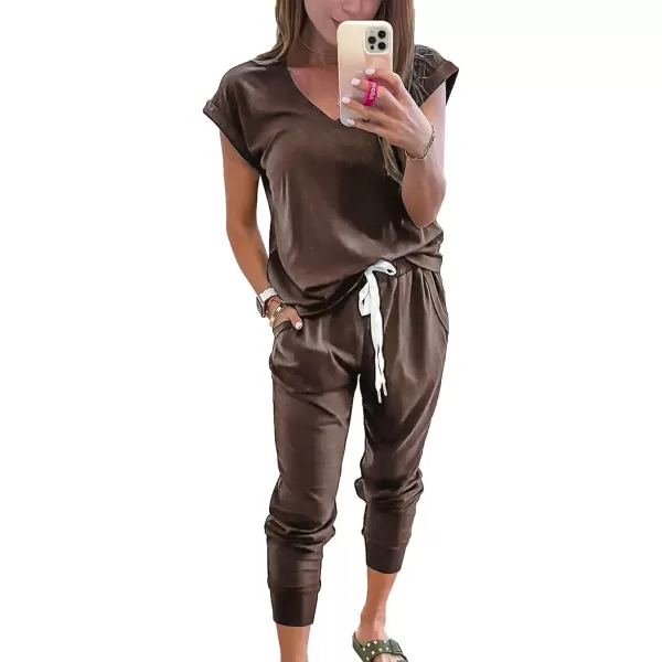 imagePRETTYGARDEN Womens Two Piece Tracksuit V Neck Short Sleeve Tops Long Pants With Drawstring Outfits Jogger SetsBrown