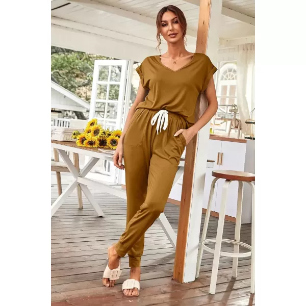 imagePRETTYGARDEN Womens Two Piece Tracksuit V Neck Short Sleeve Tops Long Pants With Drawstring Outfits Jogger SetsBrown Yellow