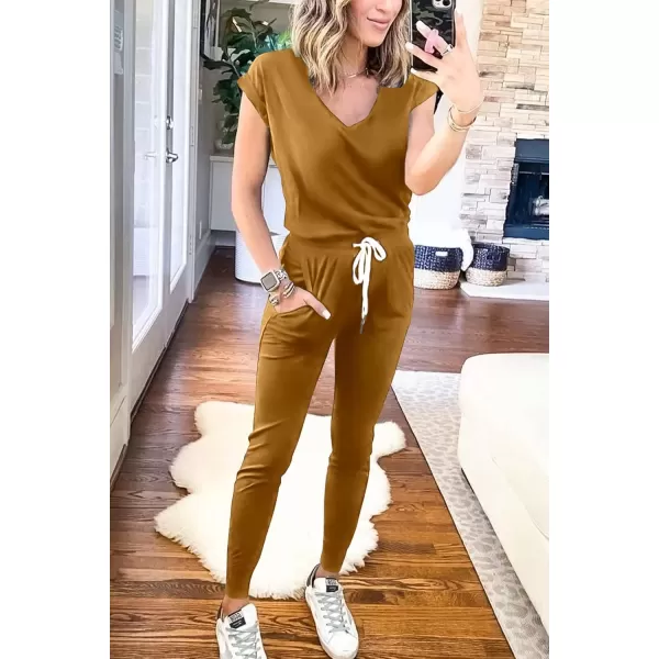 imagePRETTYGARDEN Womens Two Piece Tracksuit V Neck Short Sleeve Tops Long Pants With Drawstring Outfits Jogger SetsBrown Yellow