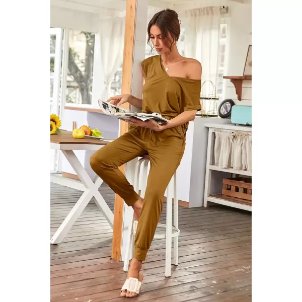 imagePRETTYGARDEN Womens Two Piece Tracksuit V Neck Short Sleeve Tops Long Pants With Drawstring Outfits Jogger SetsBrown Yellow