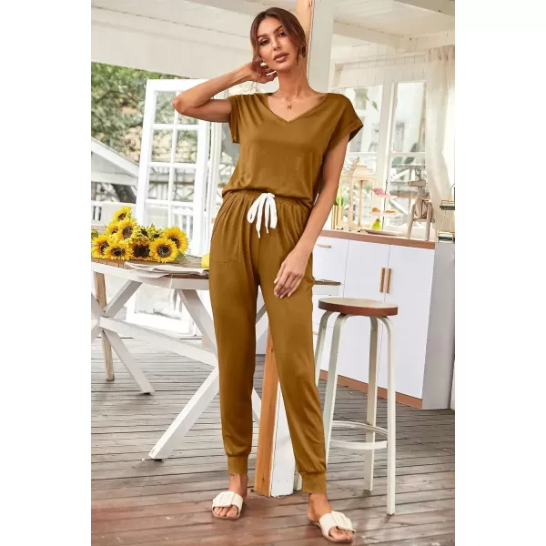 imagePRETTYGARDEN Womens Two Piece Tracksuit V Neck Short Sleeve Tops Long Pants With Drawstring Outfits Jogger SetsBrown Yellow