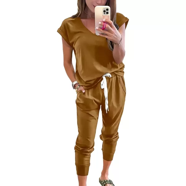 imagePRETTYGARDEN Womens Two Piece Tracksuit V Neck Short Sleeve Tops Long Pants With Drawstring Outfits Jogger SetsBrown Yellow