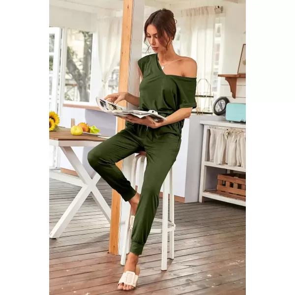 imagePRETTYGARDEN Womens Two Piece Tracksuit V Neck Short Sleeve Tops Long Pants With Drawstring Outfits Jogger SetsDark Army Green