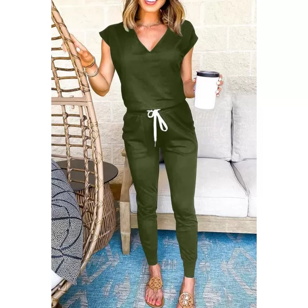 imagePRETTYGARDEN Womens Two Piece Tracksuit V Neck Short Sleeve Tops Long Pants With Drawstring Outfits Jogger SetsDark Army Green