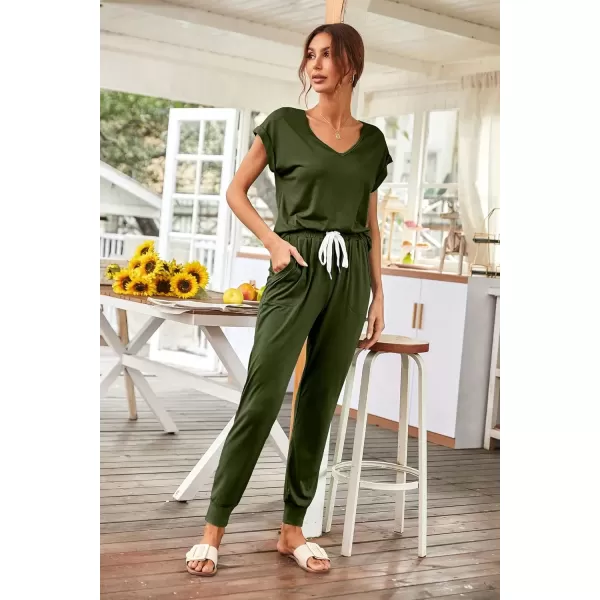 imagePRETTYGARDEN Womens Two Piece Tracksuit V Neck Short Sleeve Tops Long Pants With Drawstring Outfits Jogger SetsDark Army Green