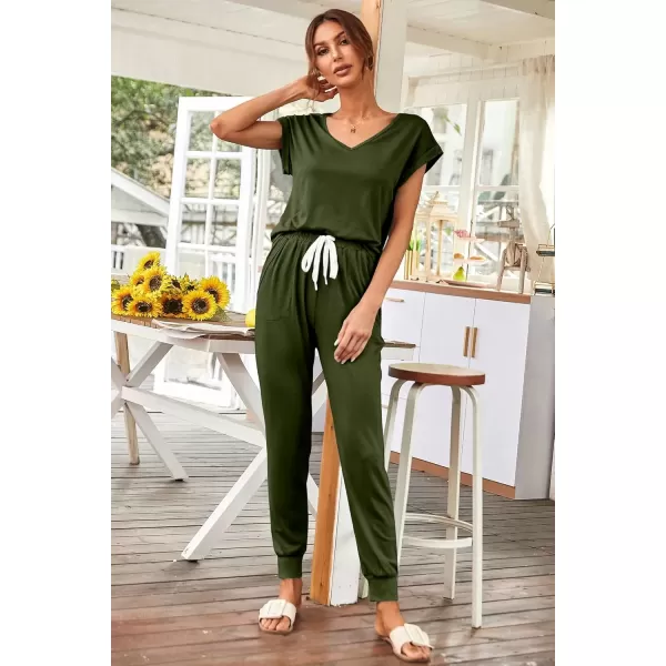 imagePRETTYGARDEN Womens Two Piece Tracksuit V Neck Short Sleeve Tops Long Pants With Drawstring Outfits Jogger SetsDark Army Green