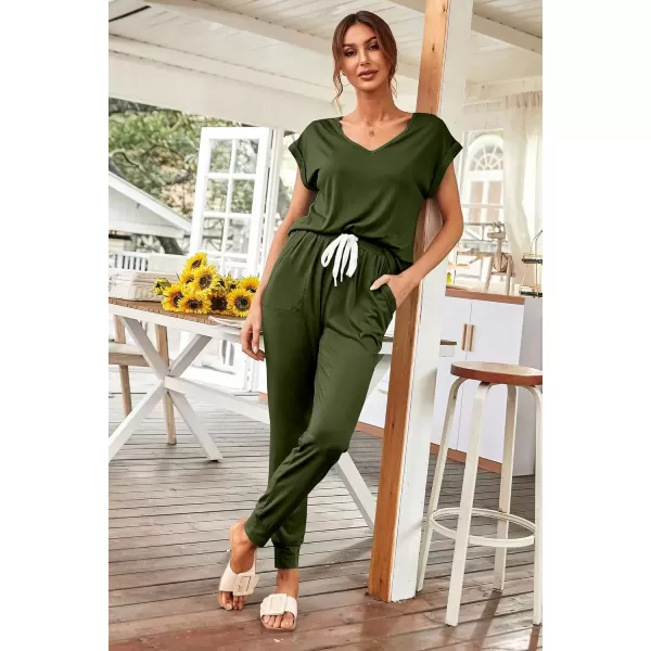 imagePRETTYGARDEN Womens Two Piece Tracksuit V Neck Short Sleeve Tops Long Pants With Drawstring Outfits Jogger SetsDark Army Green