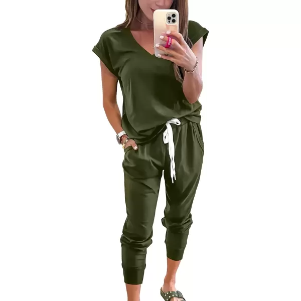 imagePRETTYGARDEN Womens Two Piece Tracksuit V Neck Short Sleeve Tops Long Pants With Drawstring Outfits Jogger SetsDark Army Green