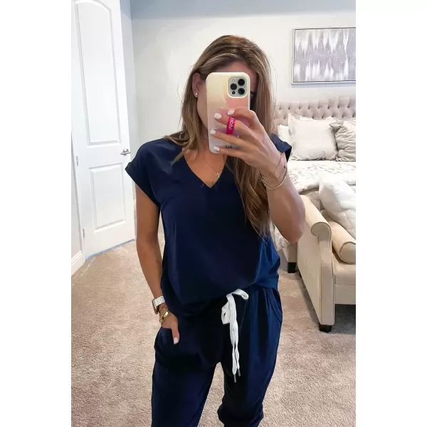 imagePRETTYGARDEN Womens Two Piece Tracksuit V Neck Short Sleeve Tops Long Pants With Drawstring Outfits Jogger SetsDark Blue