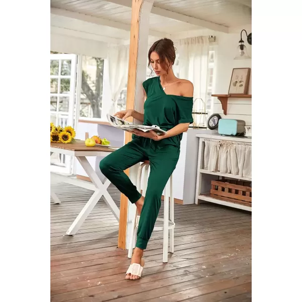 imagePRETTYGARDEN Womens Two Piece Tracksuit V Neck Short Sleeve Tops Long Pants With Drawstring Outfits Jogger SetsDark Green