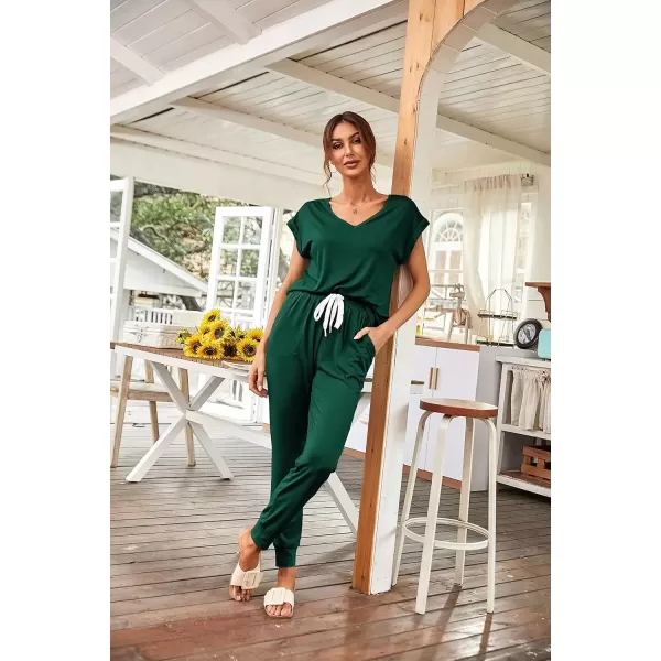 imagePRETTYGARDEN Womens Two Piece Tracksuit V Neck Short Sleeve Tops Long Pants With Drawstring Outfits Jogger SetsDark Green