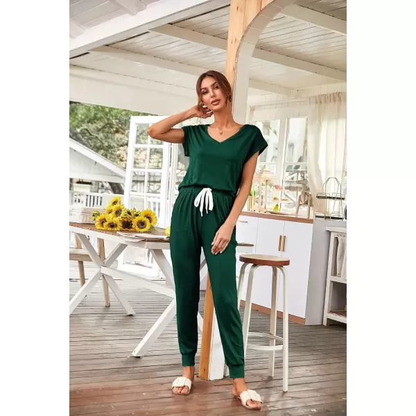 imagePRETTYGARDEN Womens Two Piece Tracksuit V Neck Short Sleeve Tops Long Pants With Drawstring Outfits Jogger SetsDark Green