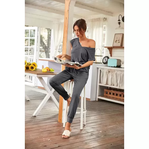 imagePRETTYGARDEN Womens Two Piece Tracksuit V Neck Short Sleeve Tops Long Pants With Drawstring Outfits Jogger SetsDark Grey