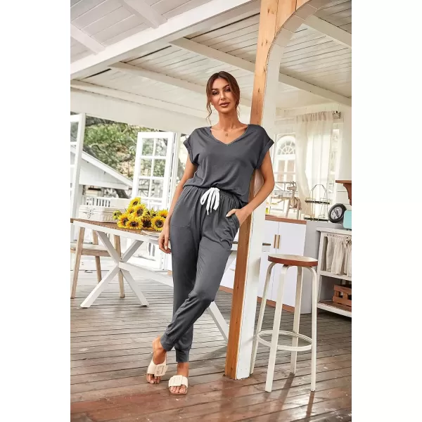 imagePRETTYGARDEN Womens Two Piece Tracksuit V Neck Short Sleeve Tops Long Pants With Drawstring Outfits Jogger SetsDark Grey