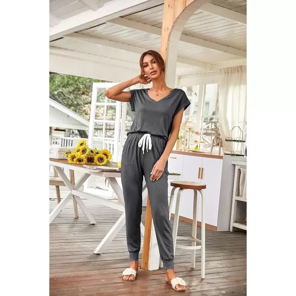 imagePRETTYGARDEN Womens Two Piece Tracksuit V Neck Short Sleeve Tops Long Pants With Drawstring Outfits Jogger SetsDark Grey
