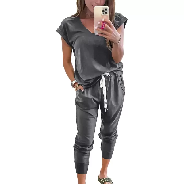 imagePRETTYGARDEN Womens Two Piece Tracksuit V Neck Short Sleeve Tops Long Pants With Drawstring Outfits Jogger SetsDark Grey