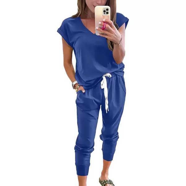 imagePRETTYGARDEN Womens Two Piece Tracksuit V Neck Short Sleeve Tops Long Pants With Drawstring Outfits Jogger SetsDenim Blue