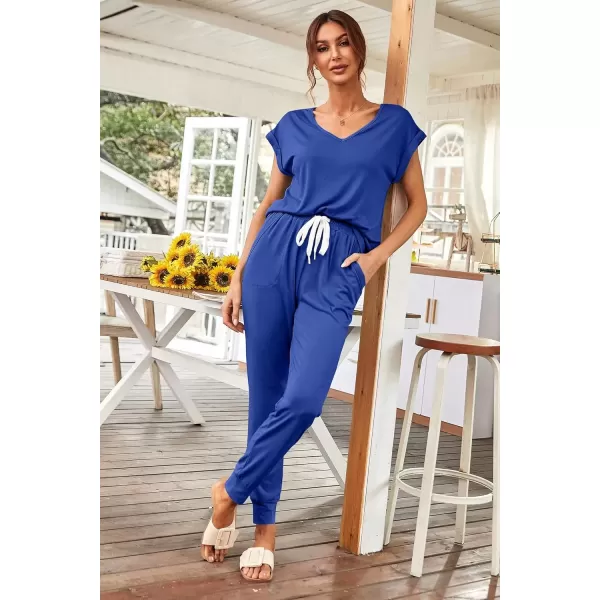 imagePRETTYGARDEN Womens Two Piece Tracksuit V Neck Short Sleeve Tops Long Pants With Drawstring Outfits Jogger SetsDenim Blue