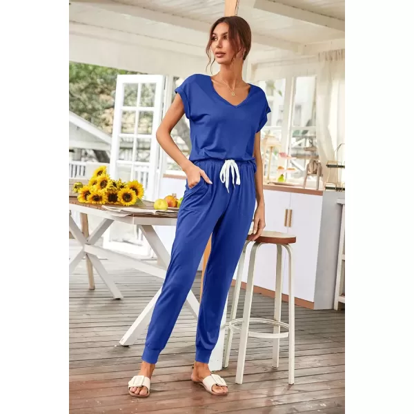 imagePRETTYGARDEN Womens Two Piece Tracksuit V Neck Short Sleeve Tops Long Pants With Drawstring Outfits Jogger SetsDenim Blue