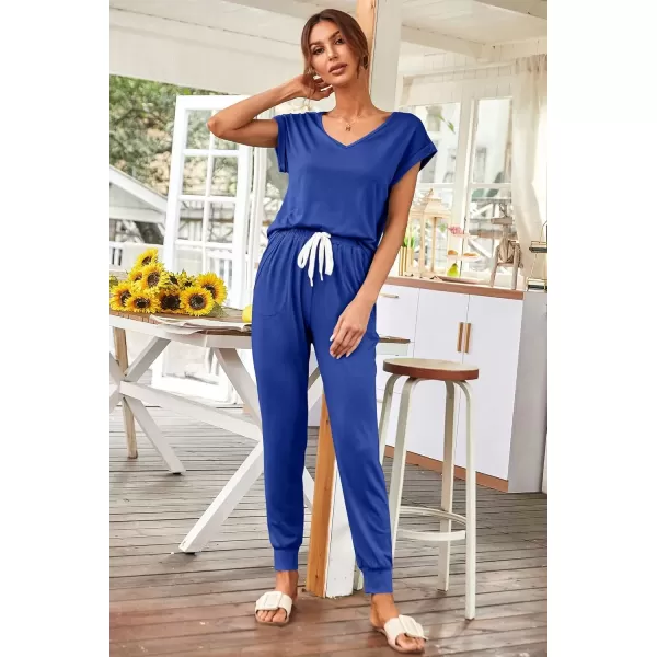 imagePRETTYGARDEN Womens Two Piece Tracksuit V Neck Short Sleeve Tops Long Pants With Drawstring Outfits Jogger SetsDenim Blue