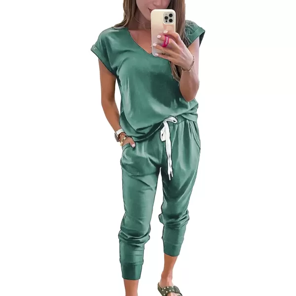 imagePRETTYGARDEN Womens Two Piece Tracksuit V Neck Short Sleeve Tops Long Pants With Drawstring Outfits Jogger SetsGrey Green