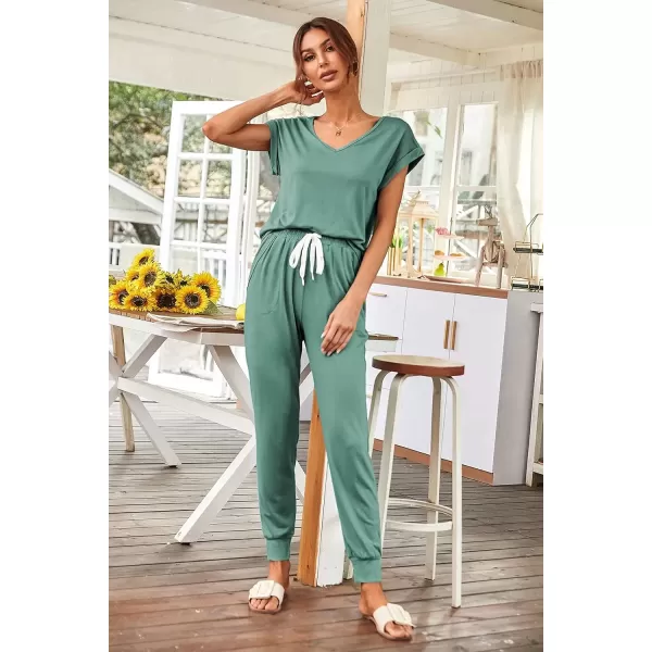 imagePRETTYGARDEN Womens Two Piece Tracksuit V Neck Short Sleeve Tops Long Pants With Drawstring Outfits Jogger SetsGrey Green