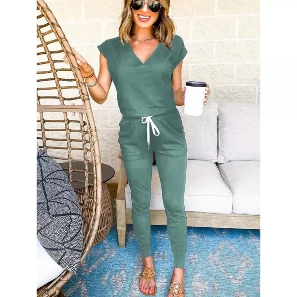 imagePRETTYGARDEN Womens Two Piece Tracksuit V Neck Short Sleeve Tops Long Pants With Drawstring Outfits Jogger SetsGrey Green