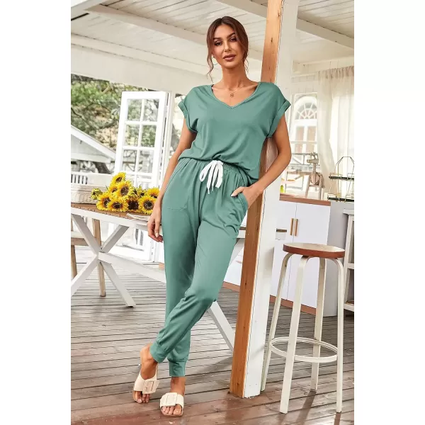 imagePRETTYGARDEN Womens Two Piece Tracksuit V Neck Short Sleeve Tops Long Pants With Drawstring Outfits Jogger SetsGrey Green