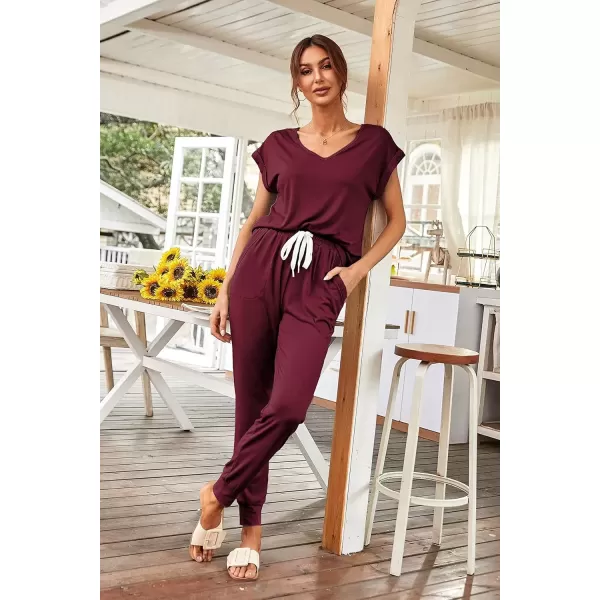 imagePRETTYGARDEN Womens Two Piece Tracksuit V Neck Short Sleeve Tops Long Pants With Drawstring Outfits Jogger SetsJujube Red