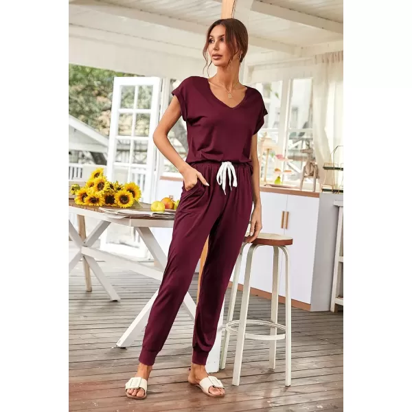imagePRETTYGARDEN Womens Two Piece Tracksuit V Neck Short Sleeve Tops Long Pants With Drawstring Outfits Jogger SetsJujube Red