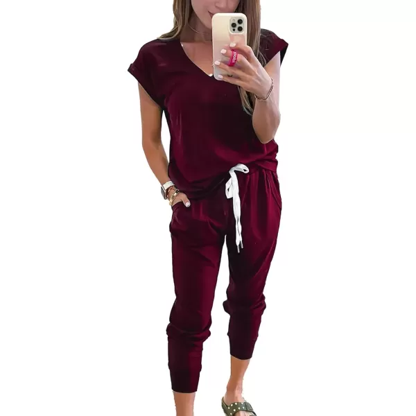 imagePRETTYGARDEN Womens Two Piece Tracksuit V Neck Short Sleeve Tops Long Pants With Drawstring Outfits Jogger SetsJujube Red