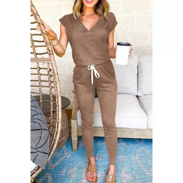 imagePRETTYGARDEN Womens Two Piece Tracksuit V Neck Short Sleeve Tops Long Pants With Drawstring Outfits Jogger SetsKhaki