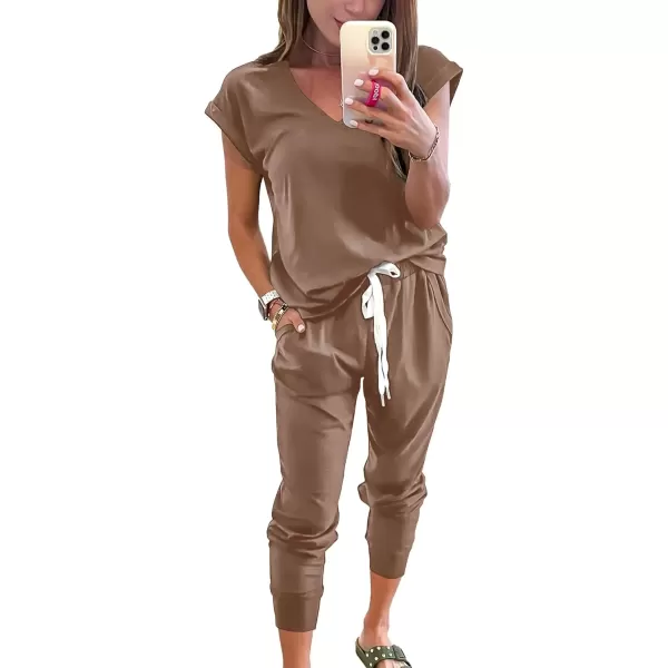 imagePRETTYGARDEN Womens Two Piece Tracksuit V Neck Short Sleeve Tops Long Pants With Drawstring Outfits Jogger SetsKhaki
