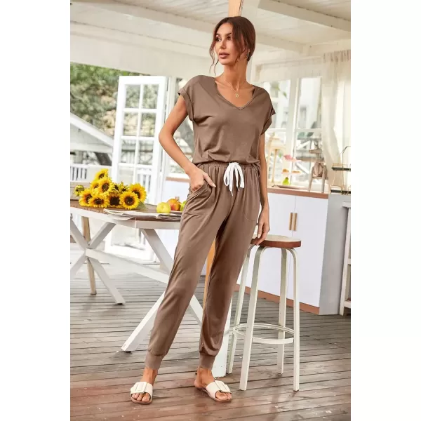 imagePRETTYGARDEN Womens Two Piece Tracksuit V Neck Short Sleeve Tops Long Pants With Drawstring Outfits Jogger SetsKhaki