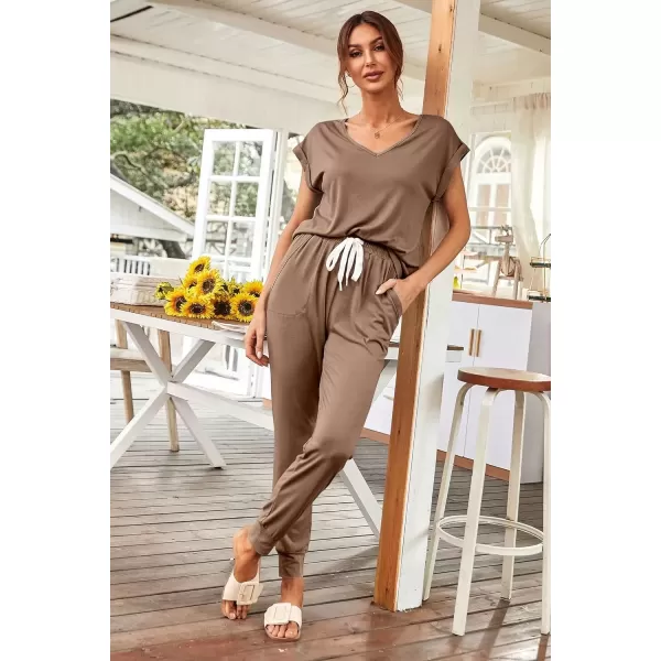 imagePRETTYGARDEN Womens Two Piece Tracksuit V Neck Short Sleeve Tops Long Pants With Drawstring Outfits Jogger SetsKhaki