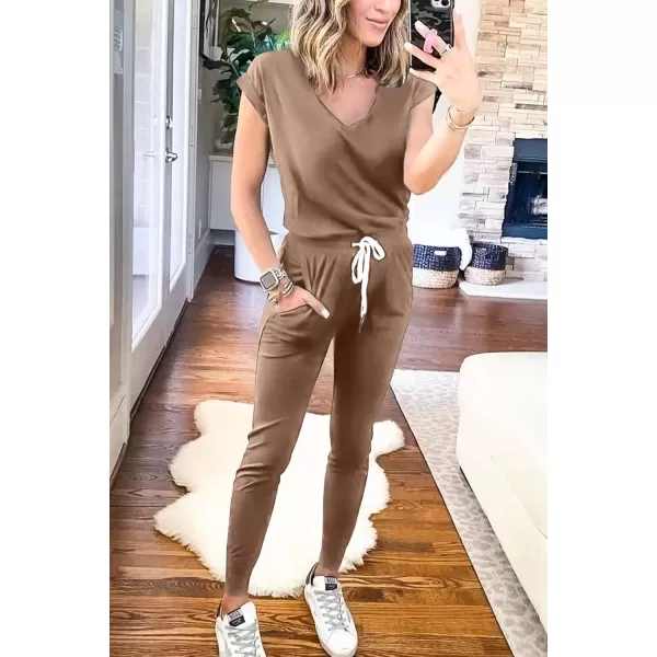 imagePRETTYGARDEN Womens Two Piece Tracksuit V Neck Short Sleeve Tops Long Pants With Drawstring Outfits Jogger SetsKhaki
