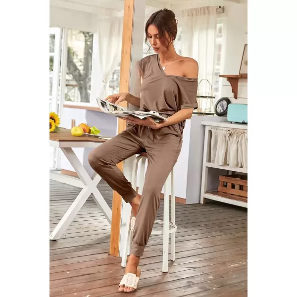 imagePRETTYGARDEN Womens Two Piece Tracksuit V Neck Short Sleeve Tops Long Pants With Drawstring Outfits Jogger SetsKhaki