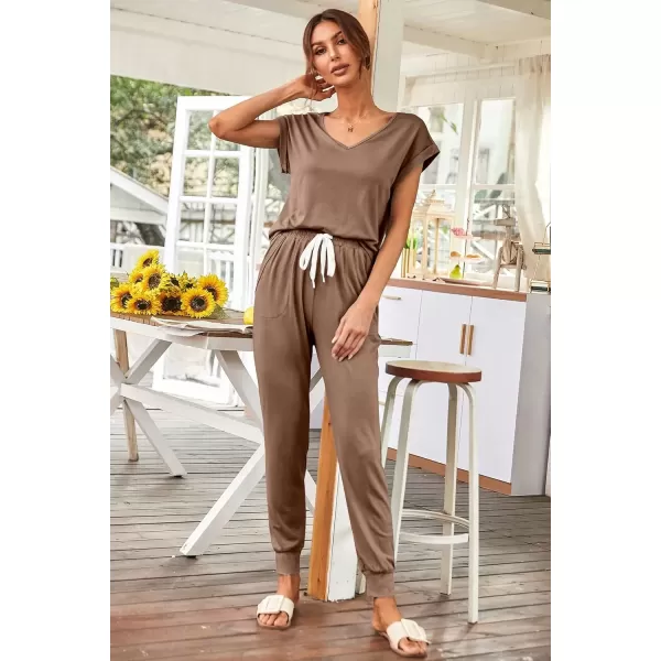 imagePRETTYGARDEN Womens Two Piece Tracksuit V Neck Short Sleeve Tops Long Pants With Drawstring Outfits Jogger SetsKhaki