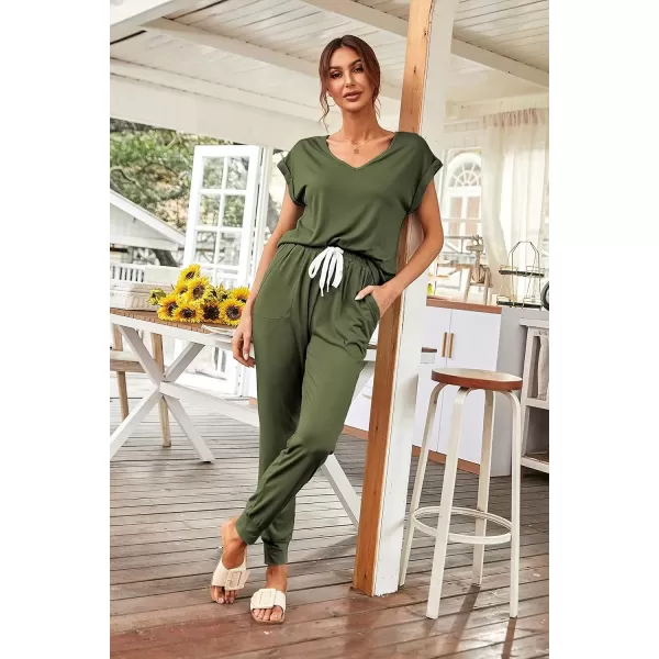 imagePRETTYGARDEN Womens Two Piece Tracksuit V Neck Short Sleeve Tops Long Pants With Drawstring Outfits Jogger SetsLight Army Green