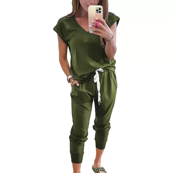 imagePRETTYGARDEN Womens Two Piece Tracksuit V Neck Short Sleeve Tops Long Pants With Drawstring Outfits Jogger SetsLight Army Green