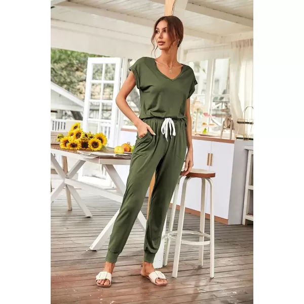 imagePRETTYGARDEN Womens Two Piece Tracksuit V Neck Short Sleeve Tops Long Pants With Drawstring Outfits Jogger SetsLight Army Green