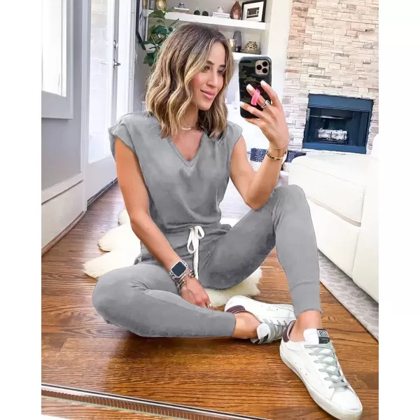 imagePRETTYGARDEN Womens Two Piece Tracksuit V Neck Short Sleeve Tops Long Pants With Drawstring Outfits Jogger SetsLight Grey