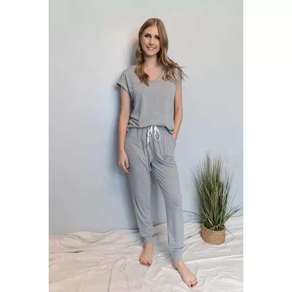 imagePRETTYGARDEN Womens Two Piece Tracksuit V Neck Short Sleeve Tops Long Pants With Drawstring Outfits Jogger SetsLight Grey