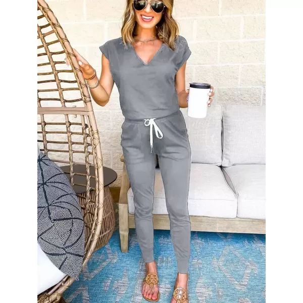 imagePRETTYGARDEN Womens Two Piece Tracksuit V Neck Short Sleeve Tops Long Pants With Drawstring Outfits Jogger SetsLight Grey