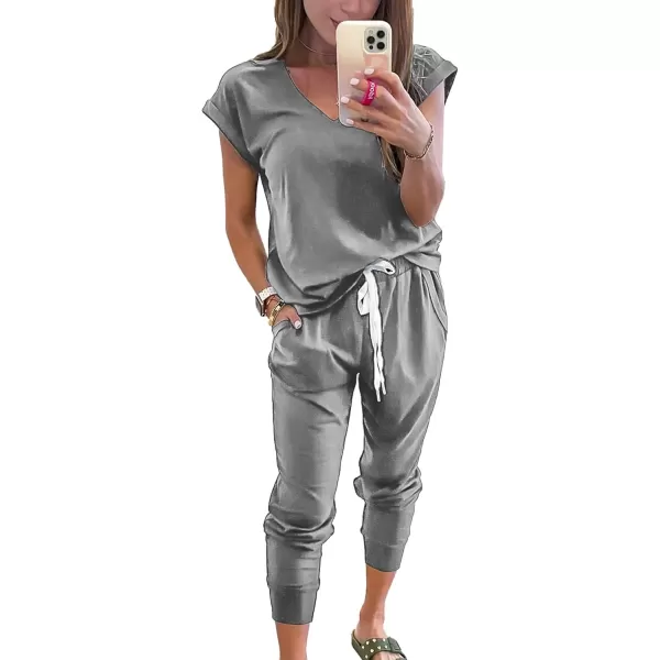 imagePRETTYGARDEN Womens Two Piece Tracksuit V Neck Short Sleeve Tops Long Pants With Drawstring Outfits Jogger SetsLight Grey