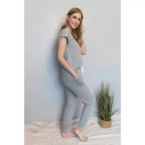 imagePRETTYGARDEN Womens Two Piece Tracksuit V Neck Short Sleeve Tops Long Pants With Drawstring Outfits Jogger SetsLight Grey