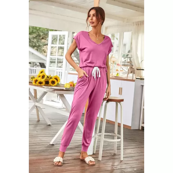 imagePRETTYGARDEN Womens Two Piece Tracksuit V Neck Short Sleeve Tops Long Pants With Drawstring Outfits Jogger SetsPink