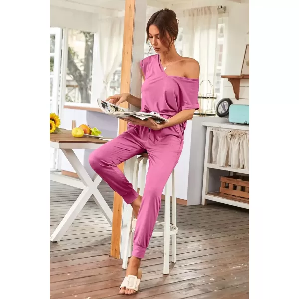 imagePRETTYGARDEN Womens Two Piece Tracksuit V Neck Short Sleeve Tops Long Pants With Drawstring Outfits Jogger SetsPink
